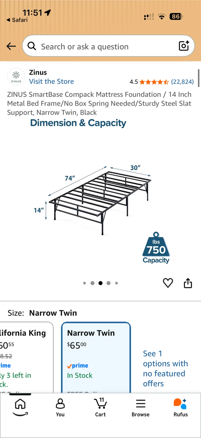 Zinus SmartBase Narrow Twin Bed Frame