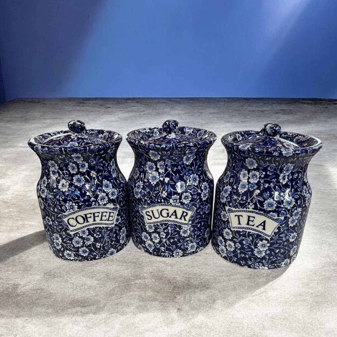 Set of 3 Blue Floral Ceramic Canisters