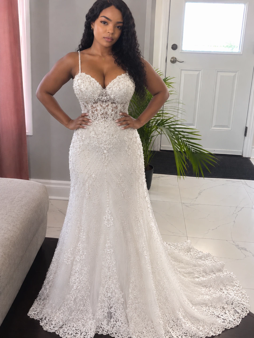 White Beaded Lace Wedding Dress