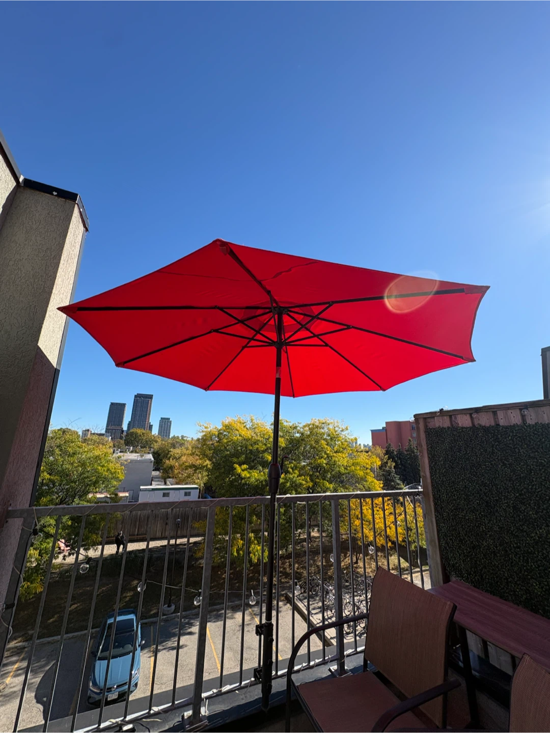 Red Patio Umbrella with deck attachment and stand