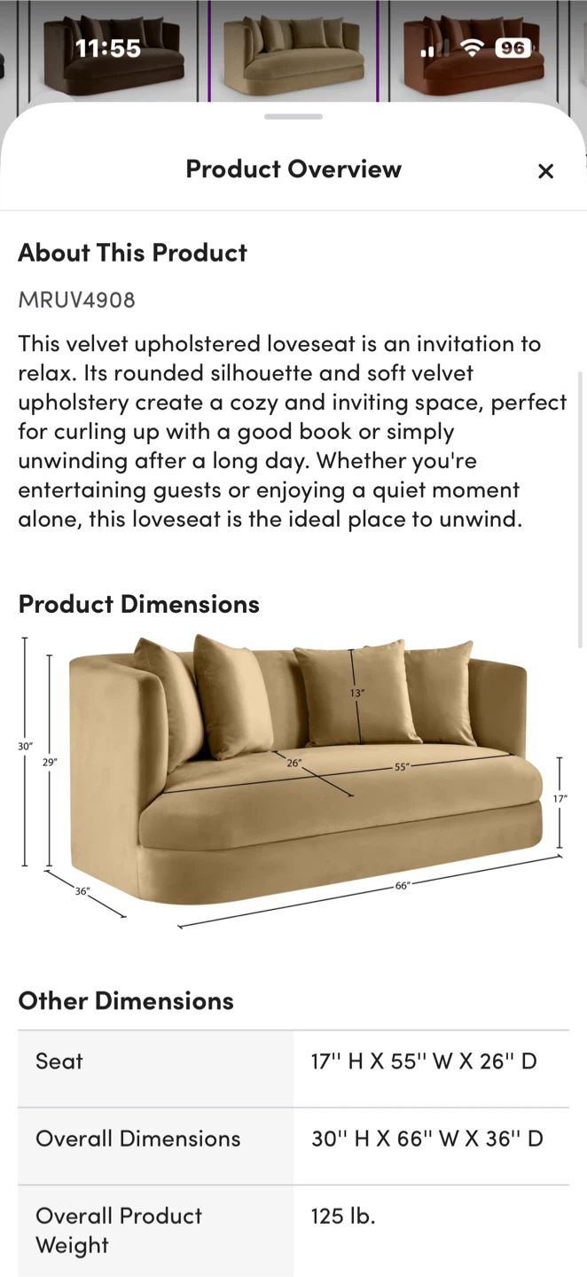 New! Meridian Furniture Alder Velvet Loveseat