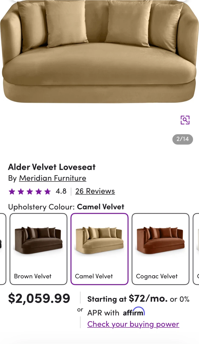 New! Meridian Furniture Alder Velvet Loveseat - photo 3