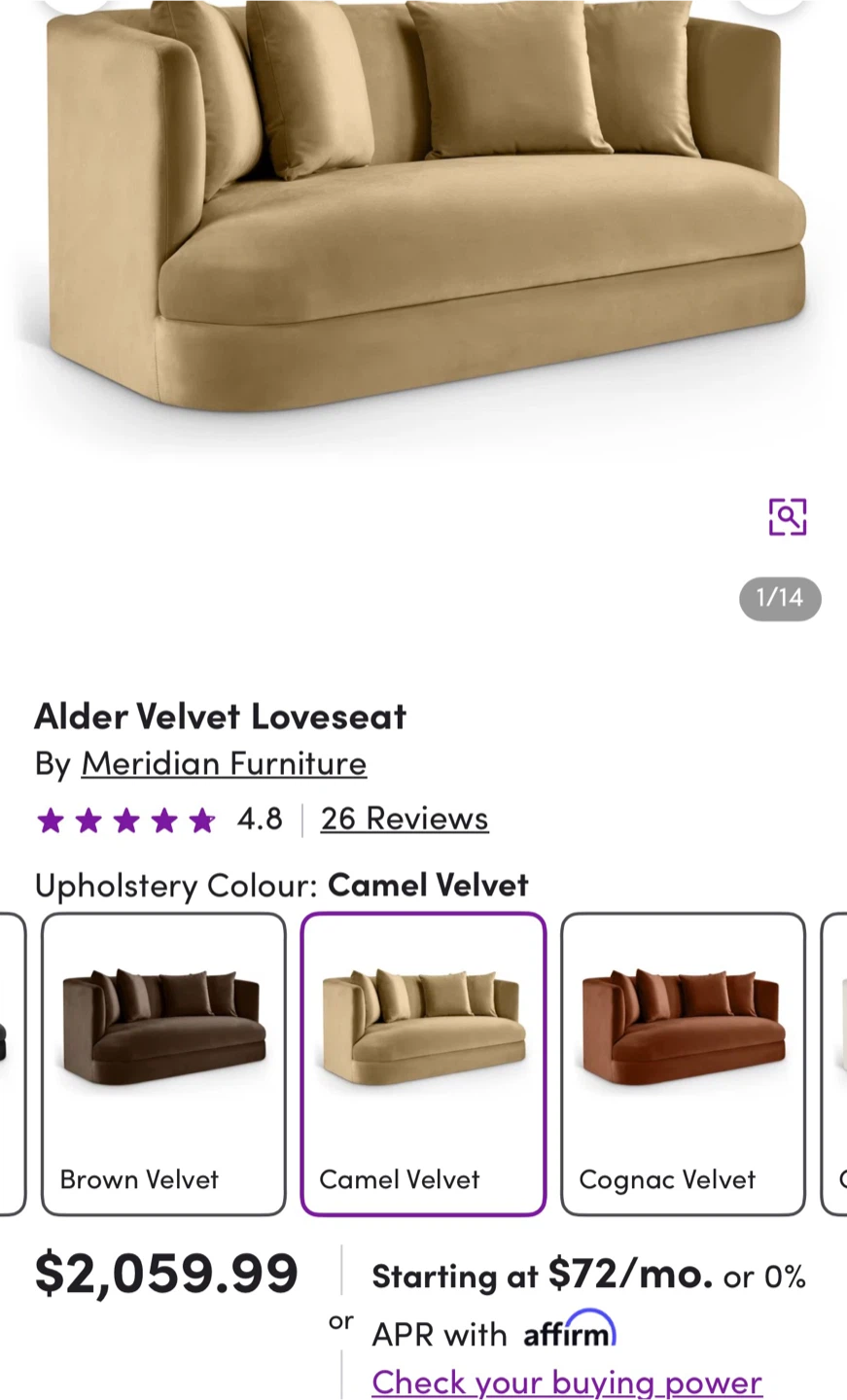 New! Meridian Furniture Alder Velvet Loveseat - photo 4