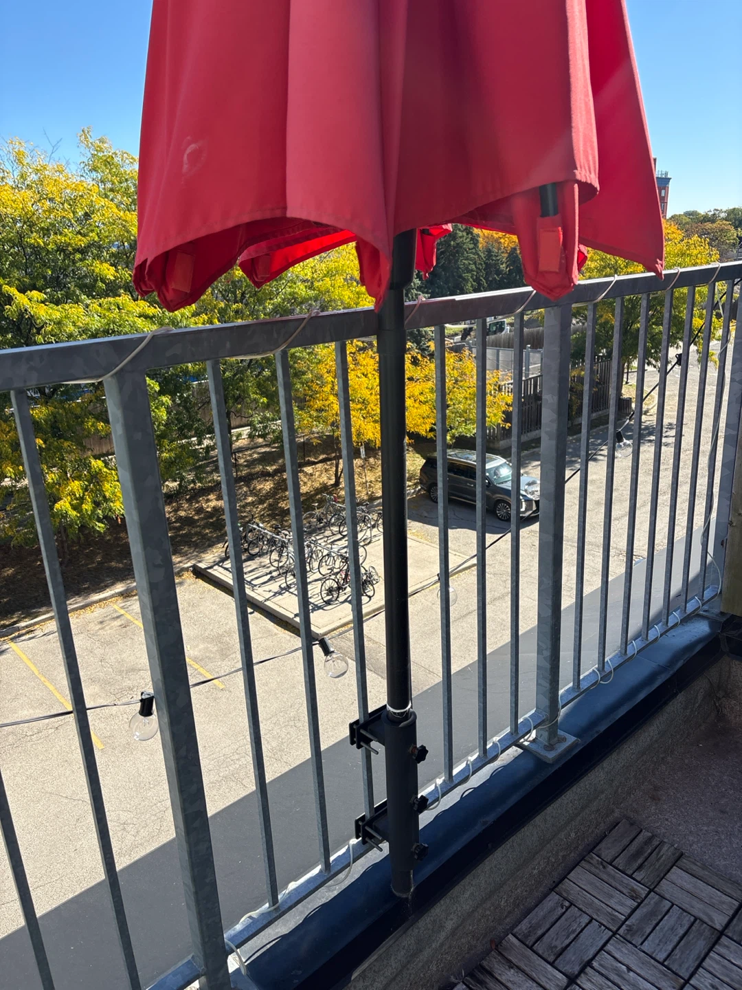Red Patio Umbrella with deck attachment and stand - photo 3