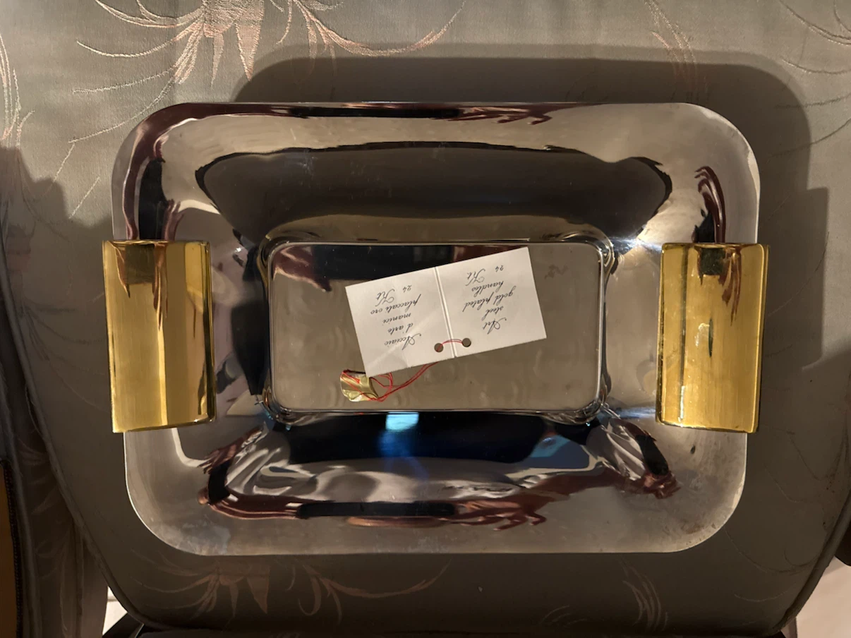 Art steel serving tray with 24K gold plated handles
