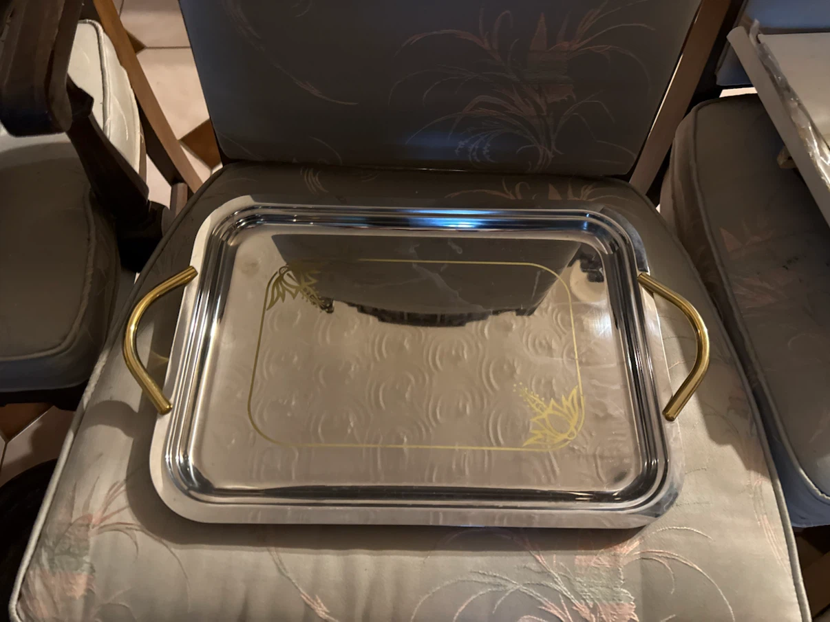 Silver-Tone Serving Tray with Gold Handles