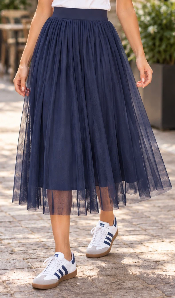 Navy blue tulle midi skirt