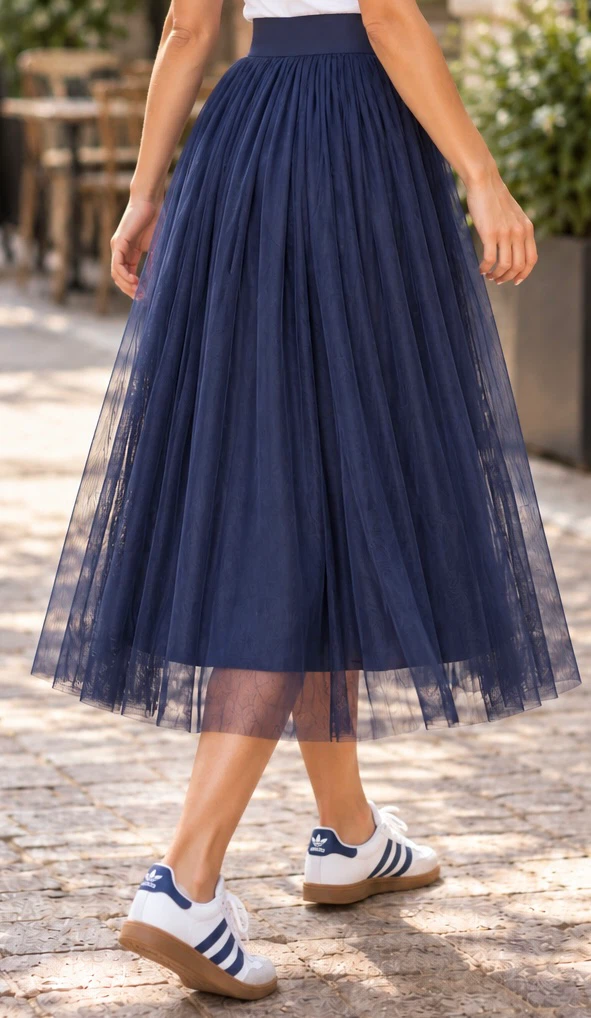 Navy blue tulle midi skirt - photo 2
