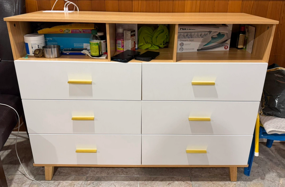 6-Drawer White and Wood Dresser with Open Storage