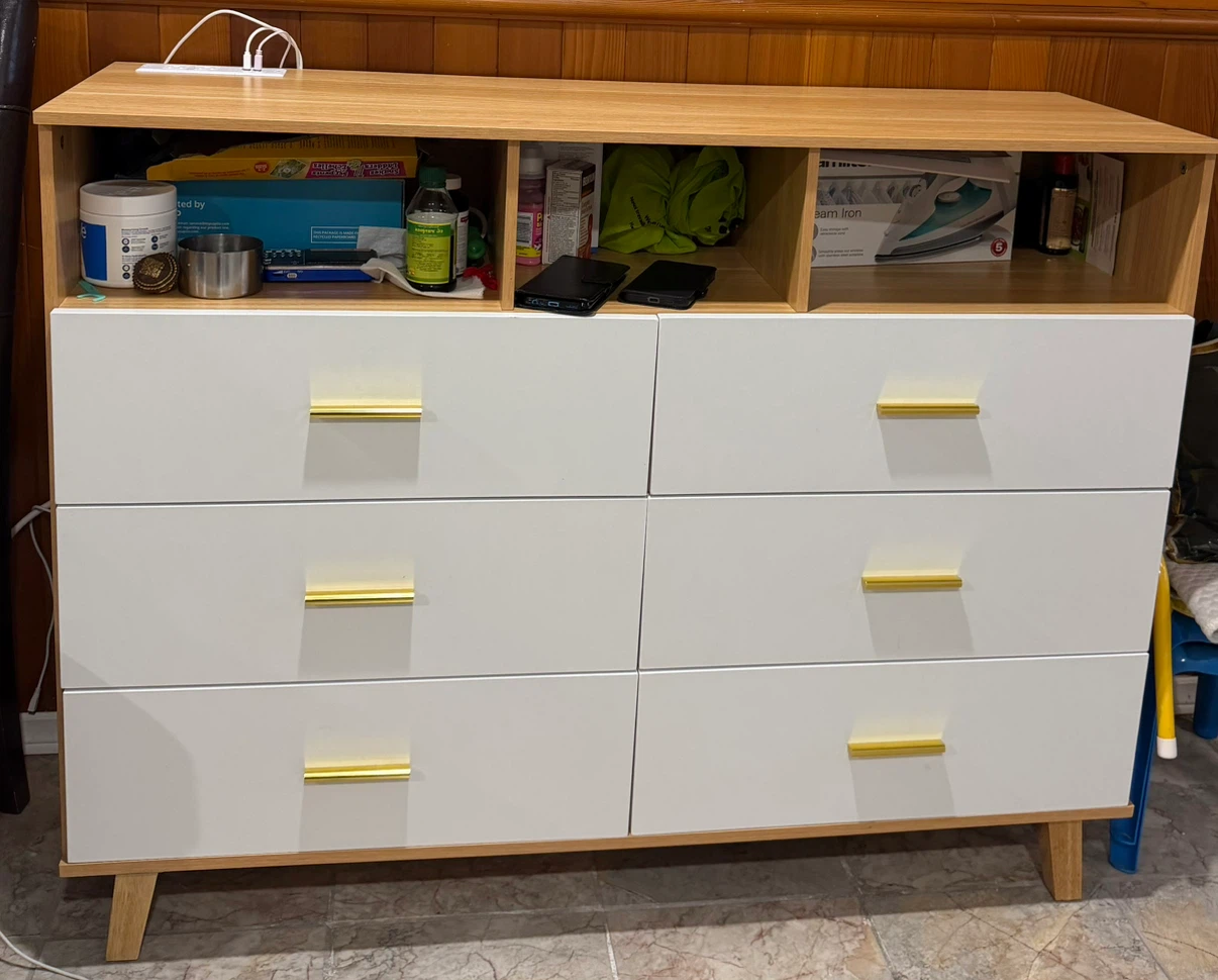 6-Drawer White and Wood Dresser with Open Storage - photo 2