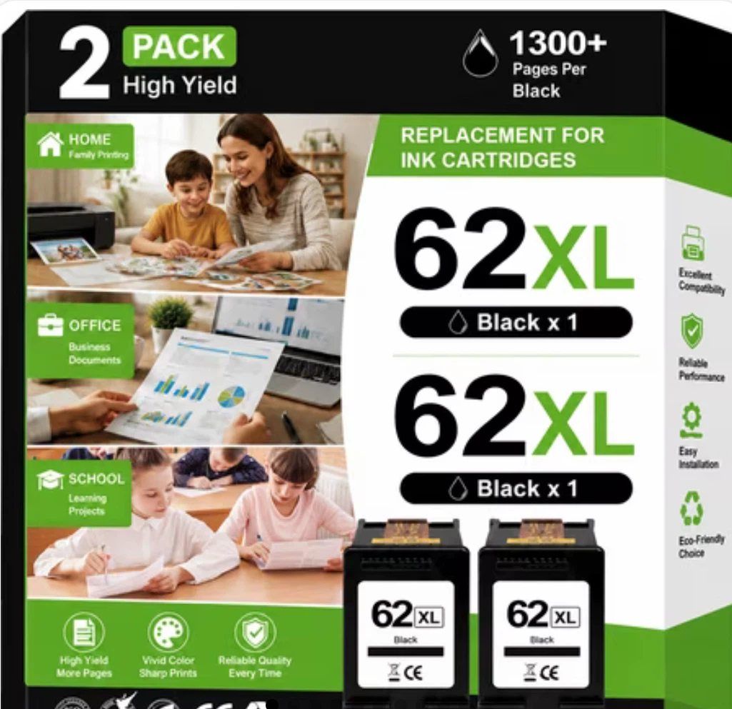 62XL Black Ink Cartridges Compatible for HP