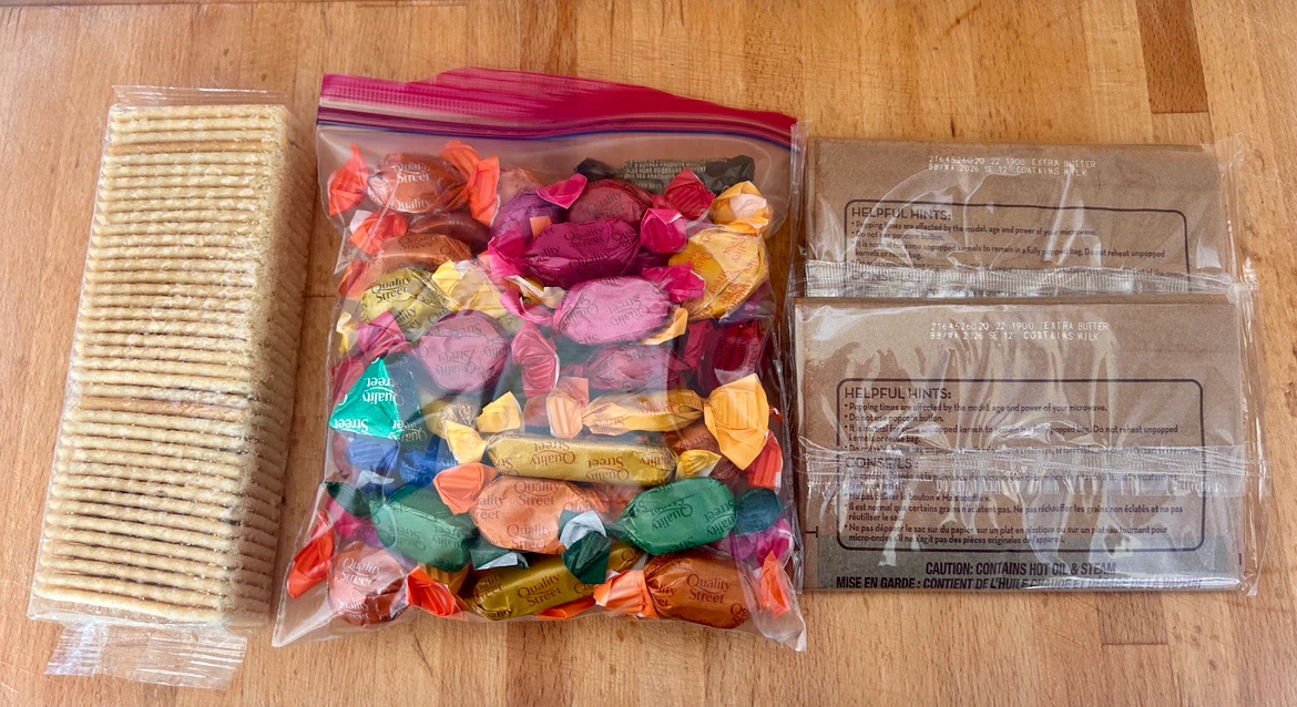 Quality Street Chocolates, Crackers, and Popcorn