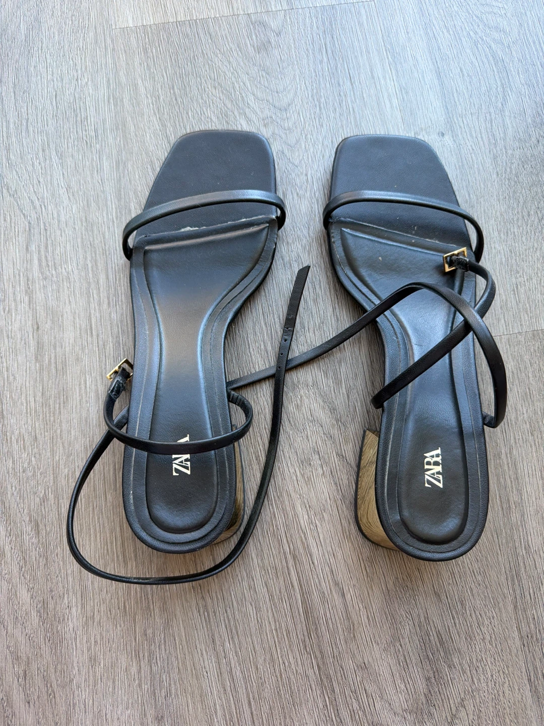 Zara black strappy sandals with gold metallic heels