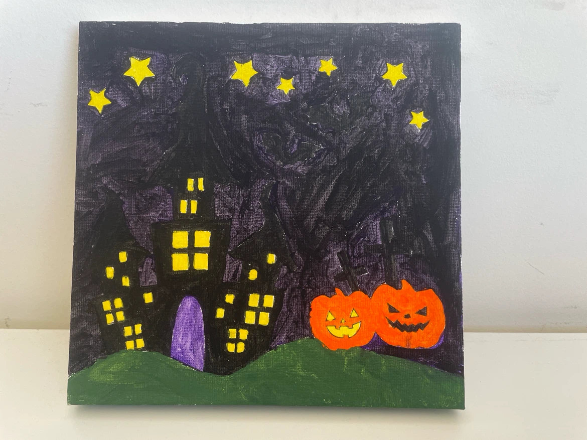 Hand-painted Halloween Haunted House Canvas Art