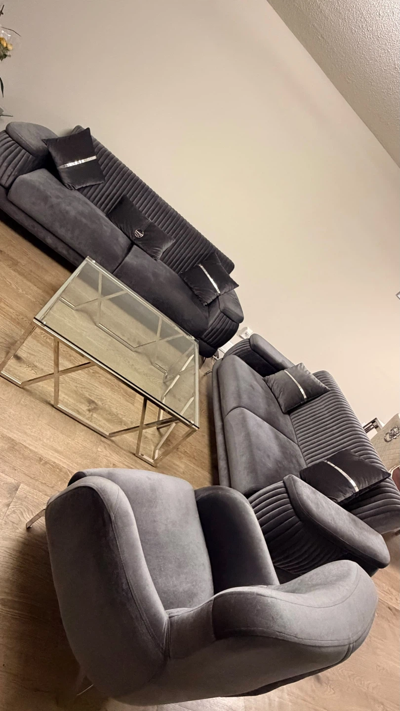 Grey Velvet 3-Piece Living Room Set