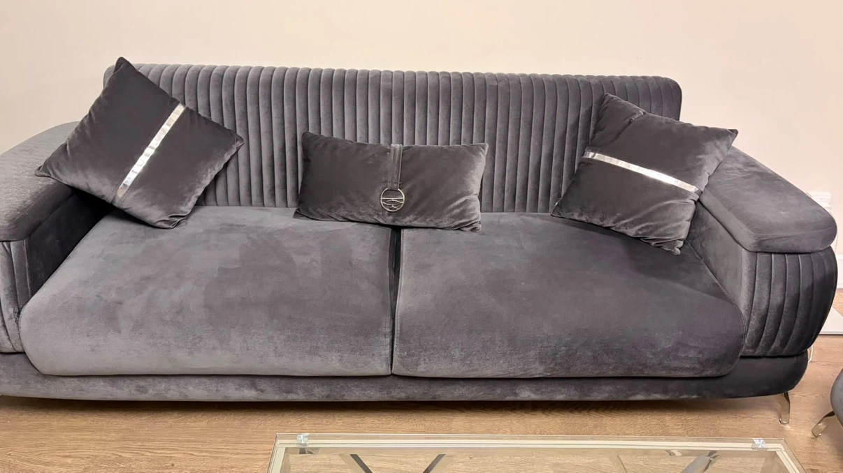 Grey Velvet 3-Piece Living Room Set - photo 3