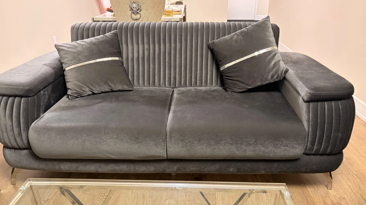 Grey Velvet 3-Piece Living Room Set - photo 4