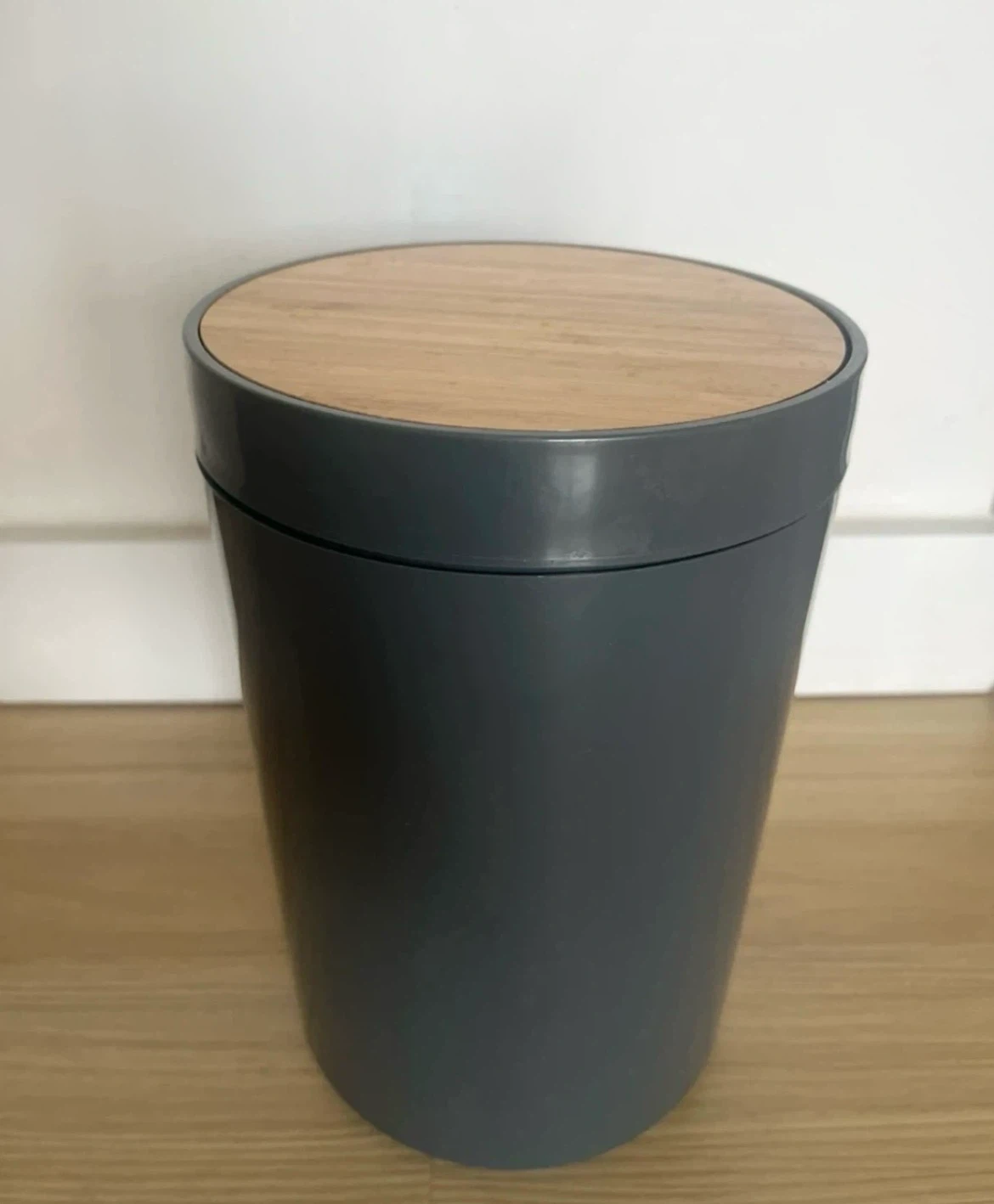 Grey Trash Can with Bamboo Lid