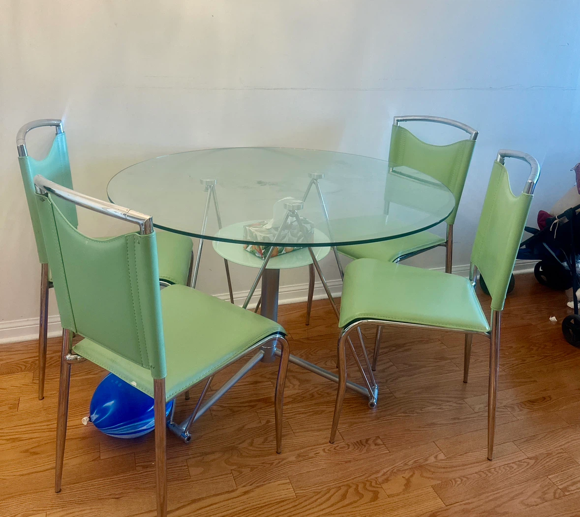 Glass Top Table with 4 Green Chairs