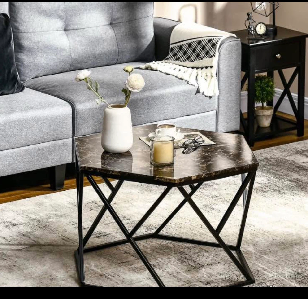 Hexagonal Faux Marble Coffee Table - photo 2