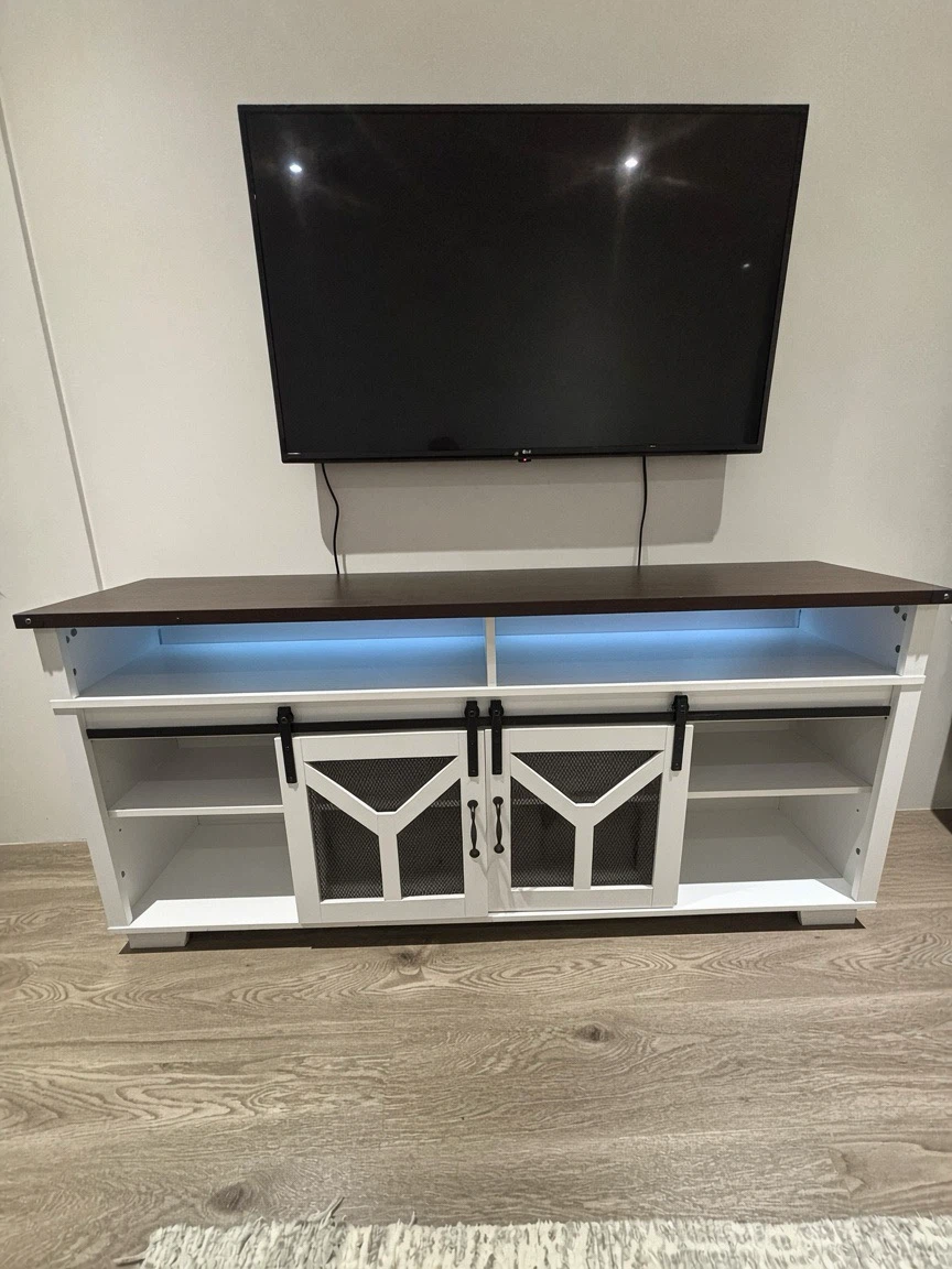 White Farmhouse TV Stand with Sliding Doors
