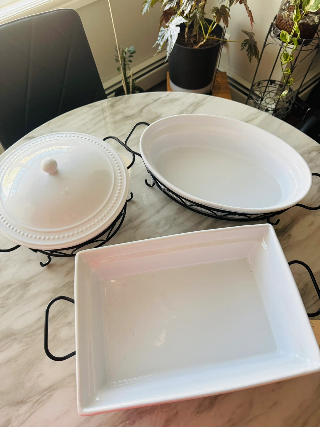 Set of 3 White Ceramic Serving Dishes with Metal Stands