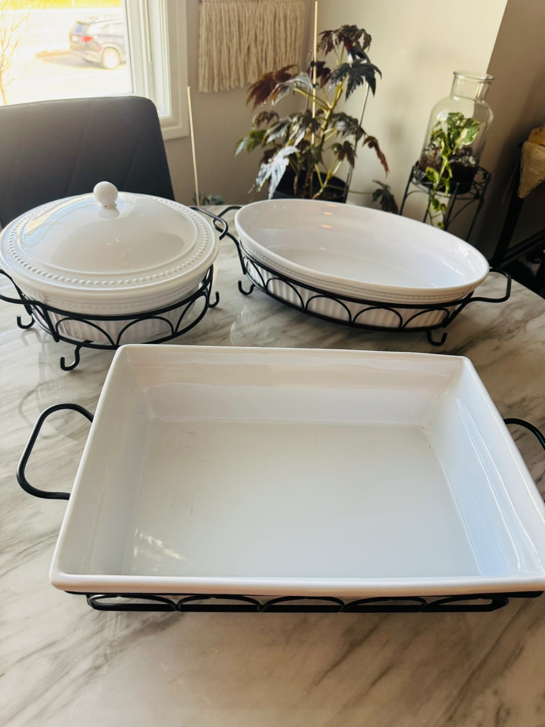 Set of 3 White Ceramic Serving Dishes with Metal Stands - photo 2