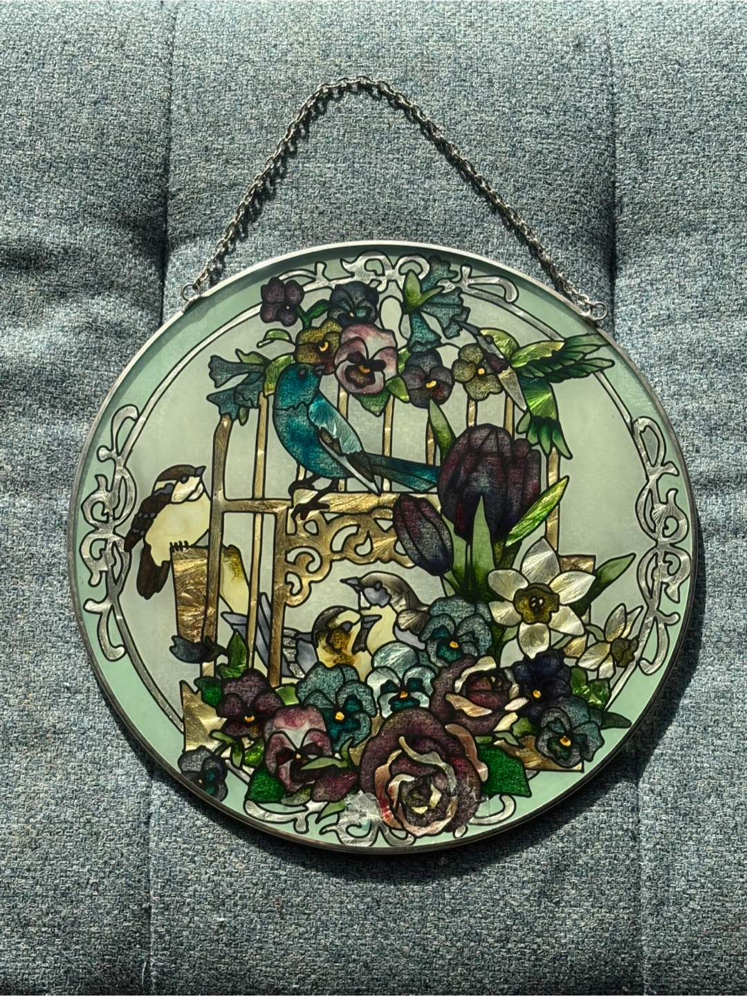 Stained Glass Style Round Bird and Floral Suncatcher