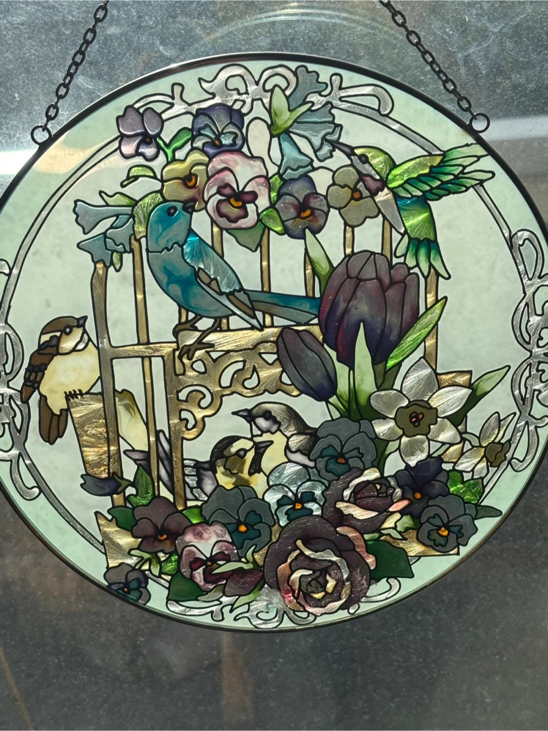 Stained Glass Style Round Bird and Floral Suncatcher - photo 2