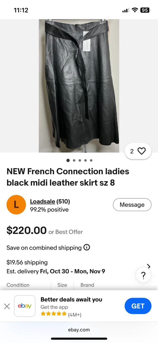 NEW FRENCH CONNECTION LADIES SIZE 8 MIDI LEATHER SKIRT - photo 2