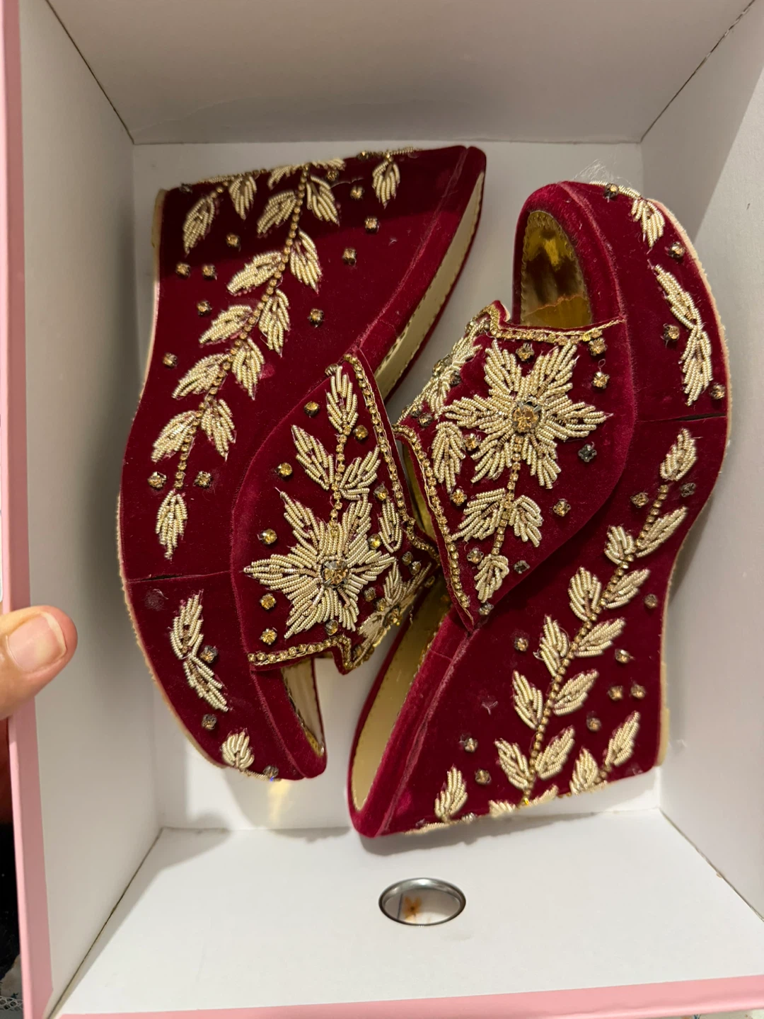 Maroon Velvet Embroidered Wedges