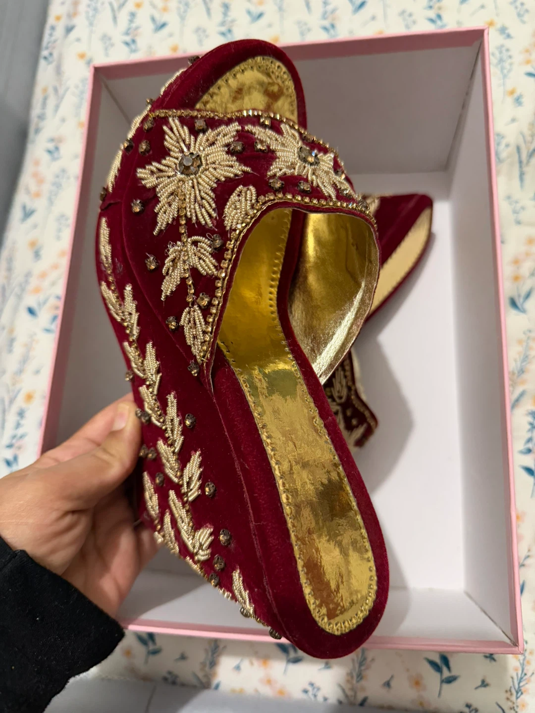 Maroon Velvet Embroidered Wedges - photo 2