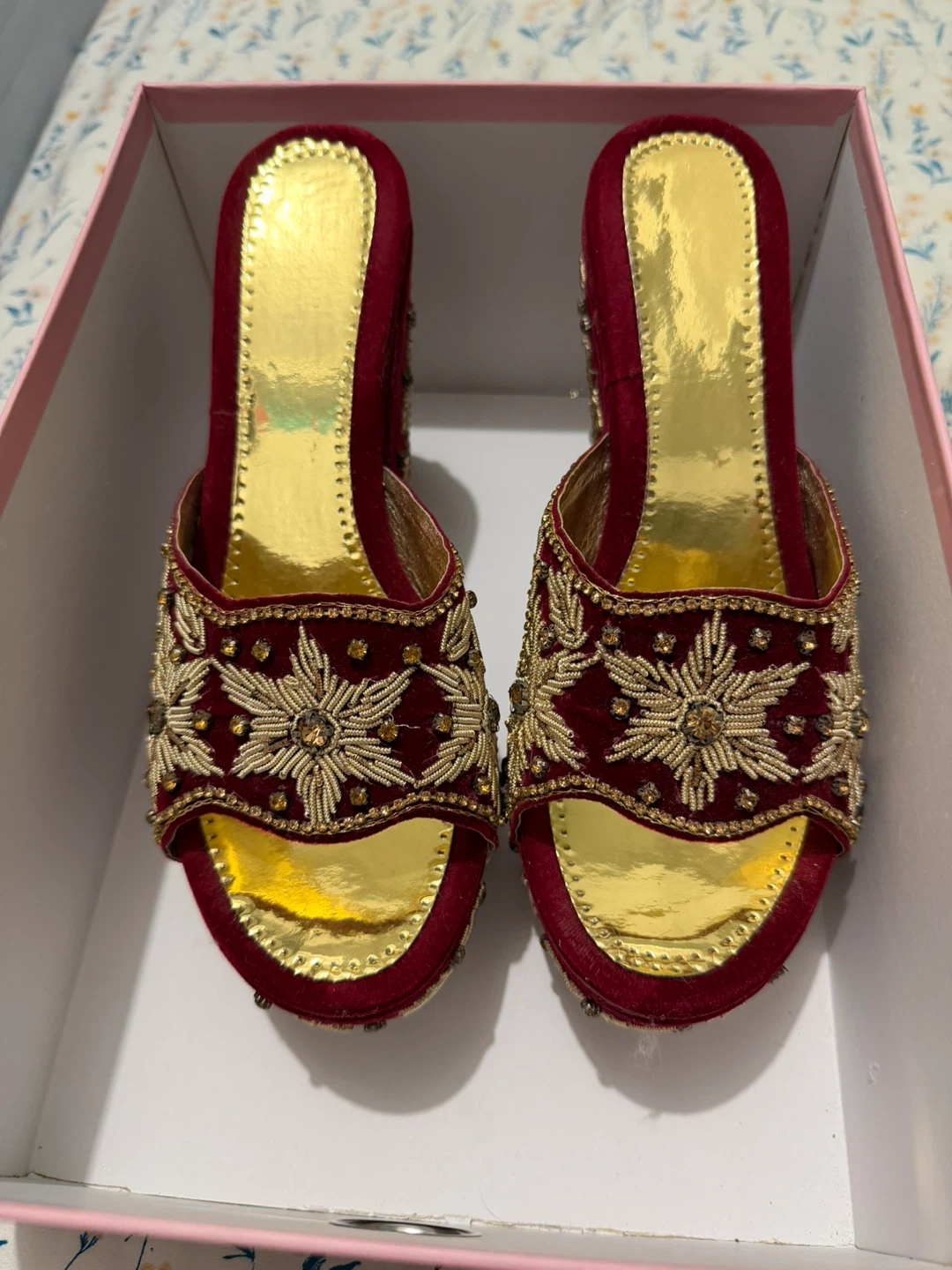 Maroon Velvet Embroidered Wedges - photo 3