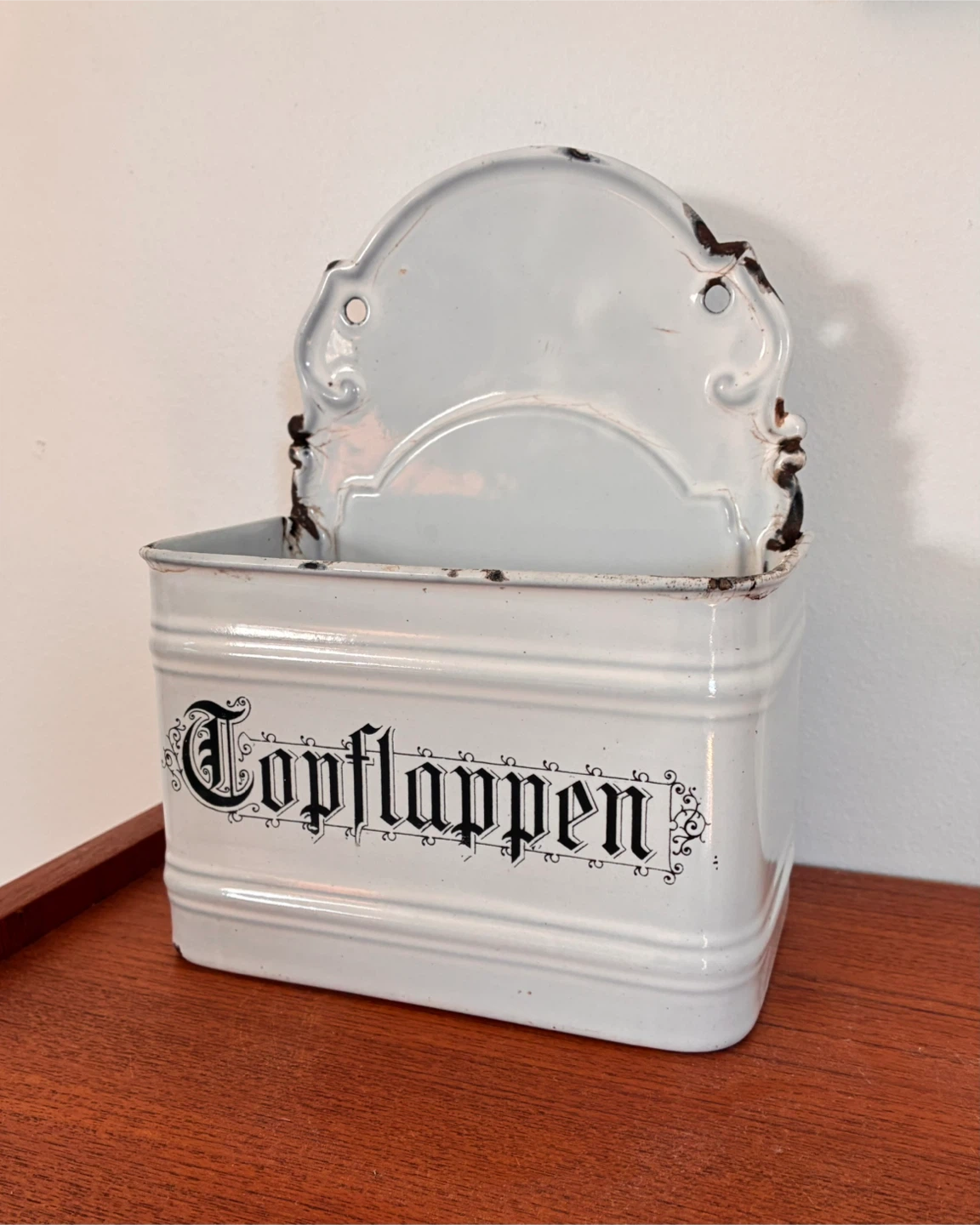 Antique enamel German wall mounted potholder bin