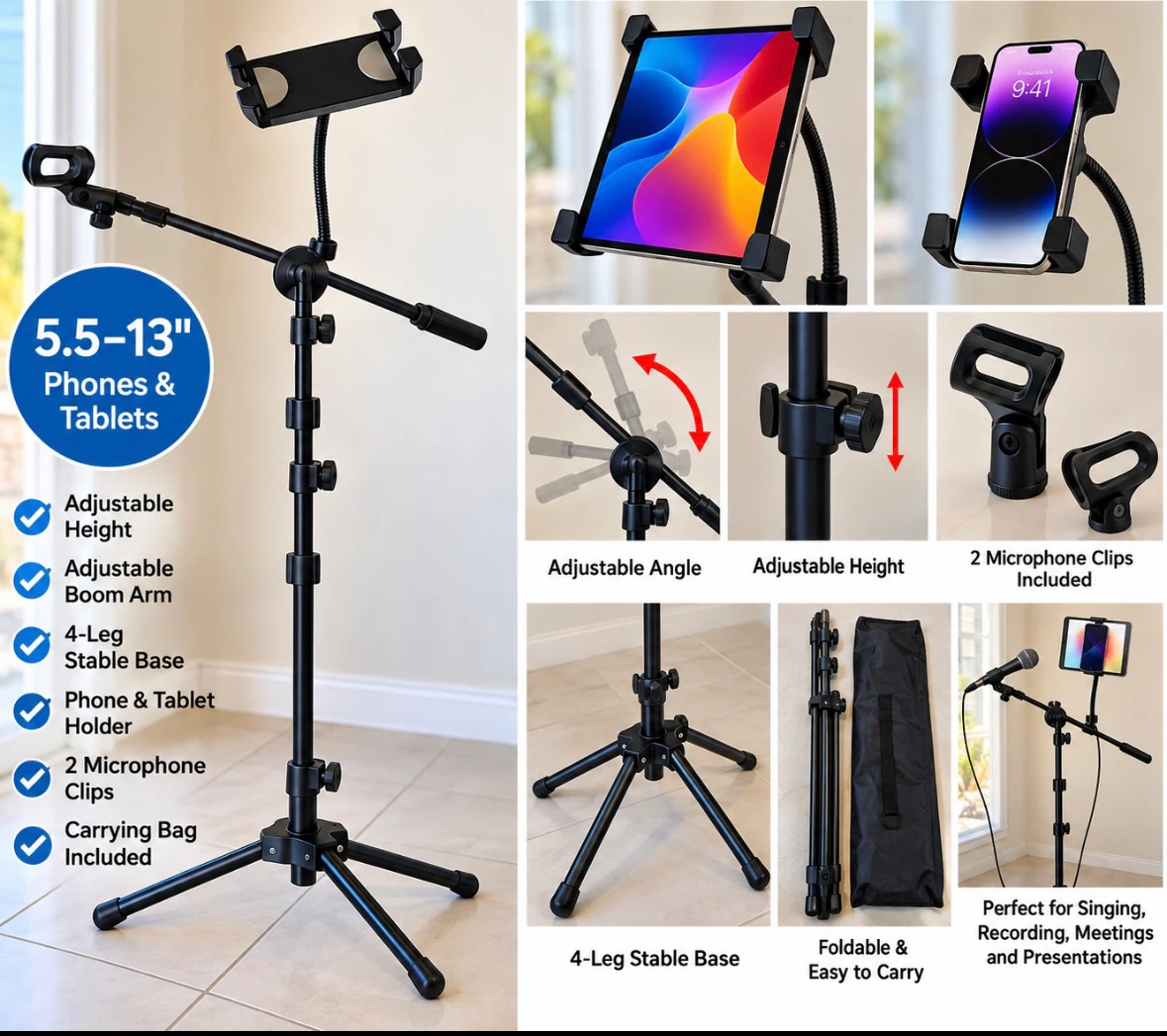 Adjustable Mic Stand with Phone & Tablet Holder