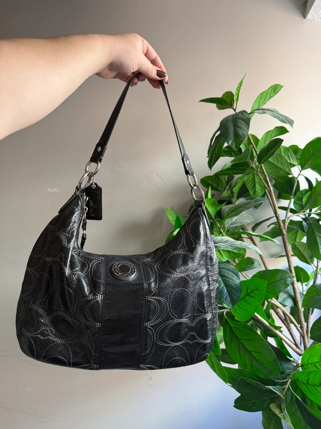 Coach Signature Stitched Black Patent Leather Hobo Bag