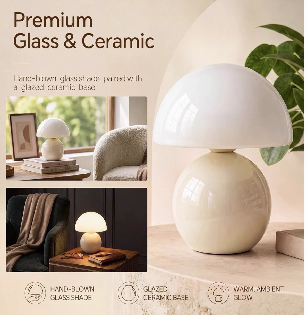Small Mushroom Table Lamp with Ceramic Base