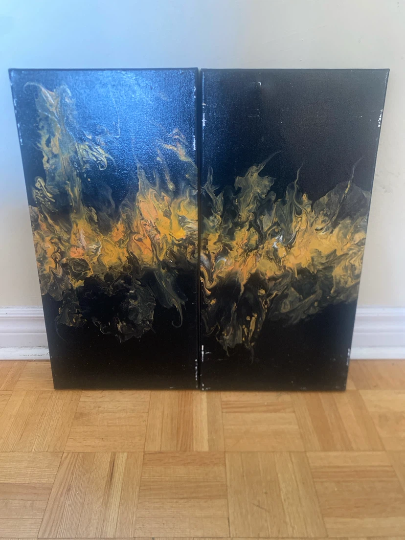 Set of Two Abstract Acrylic Pour Canvas Paintings