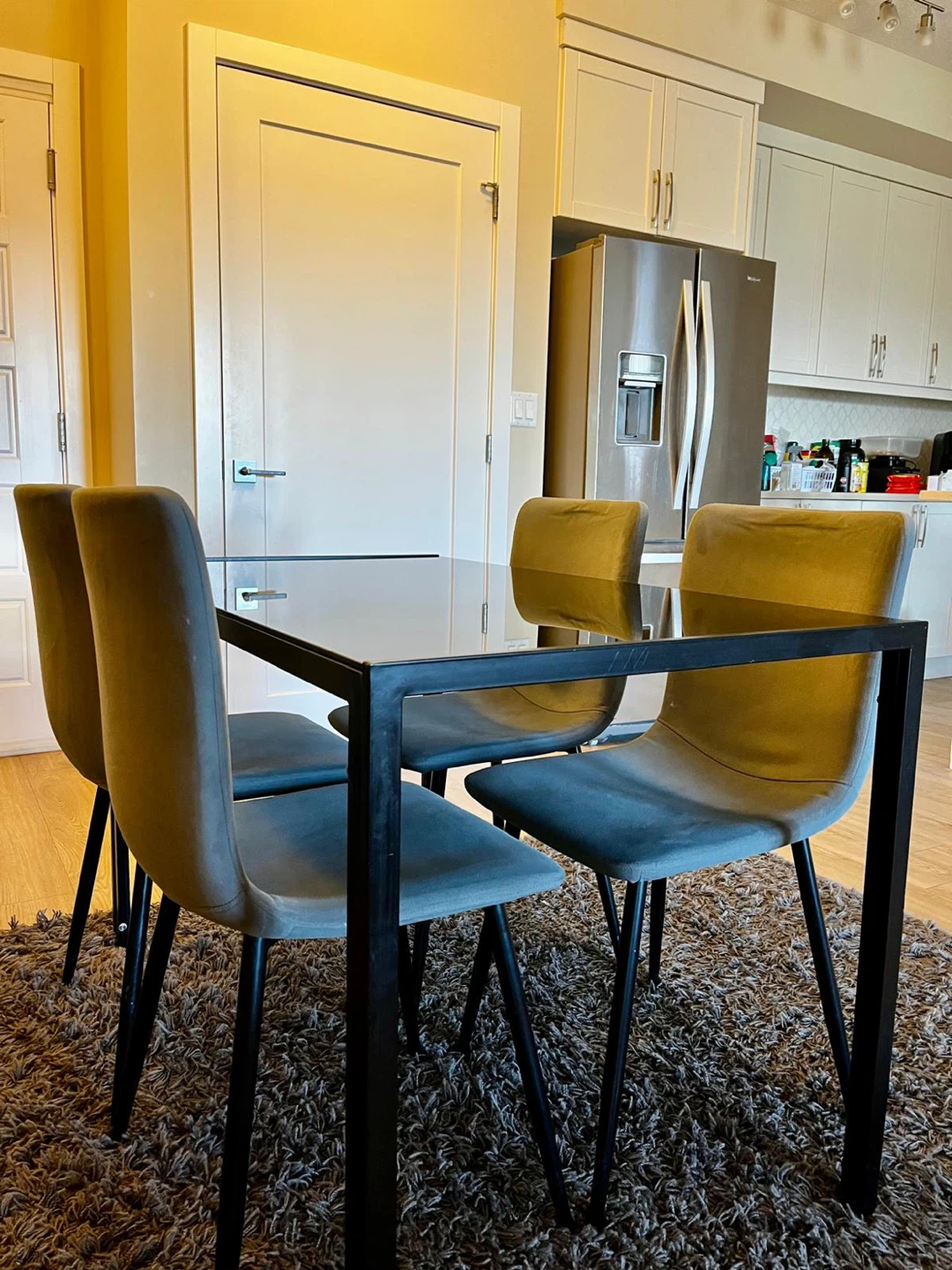 Black Glass Dining Table with 4 Velvet Chairs