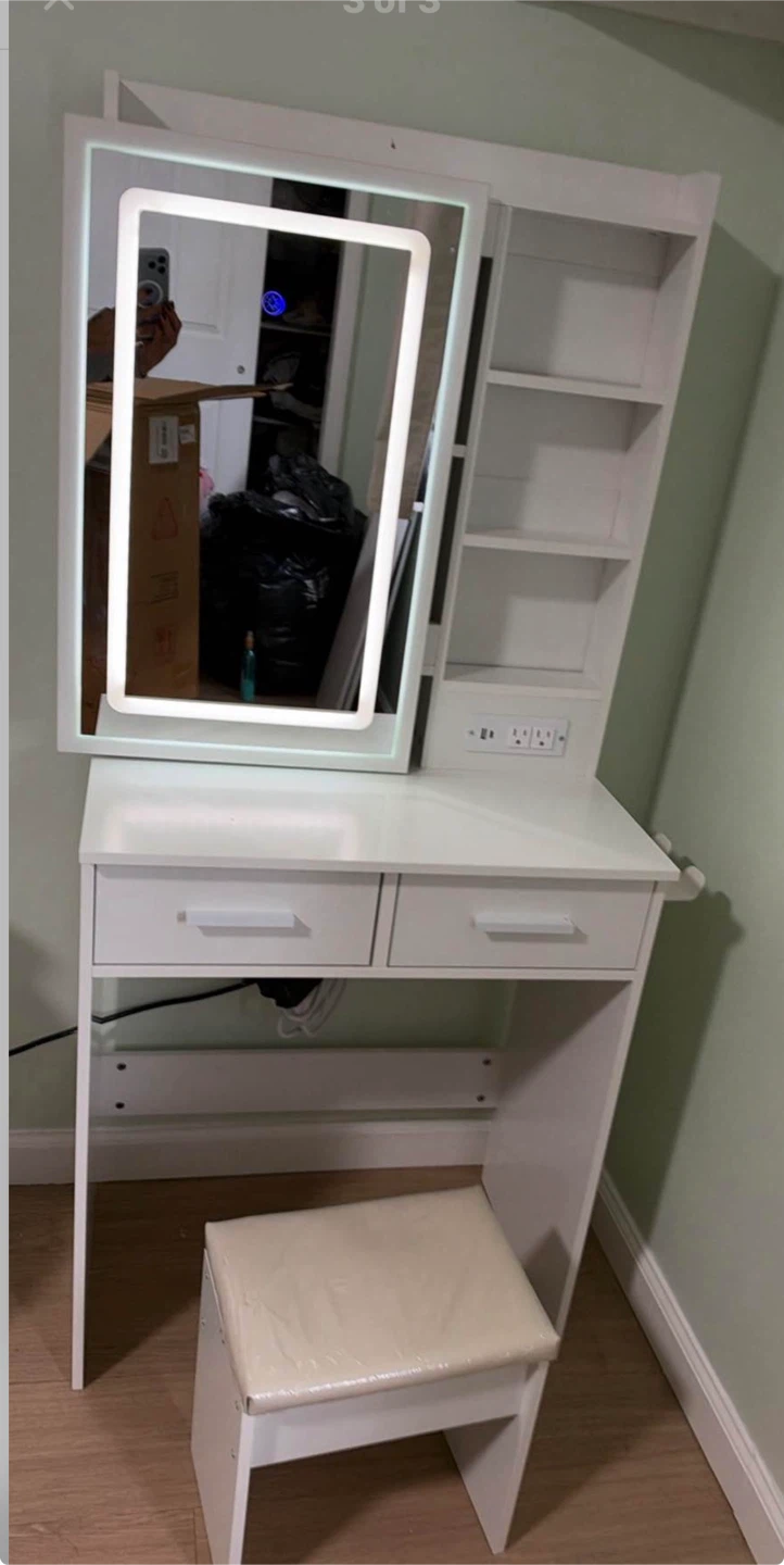 White Vanity Table with LED Mirror and Stool