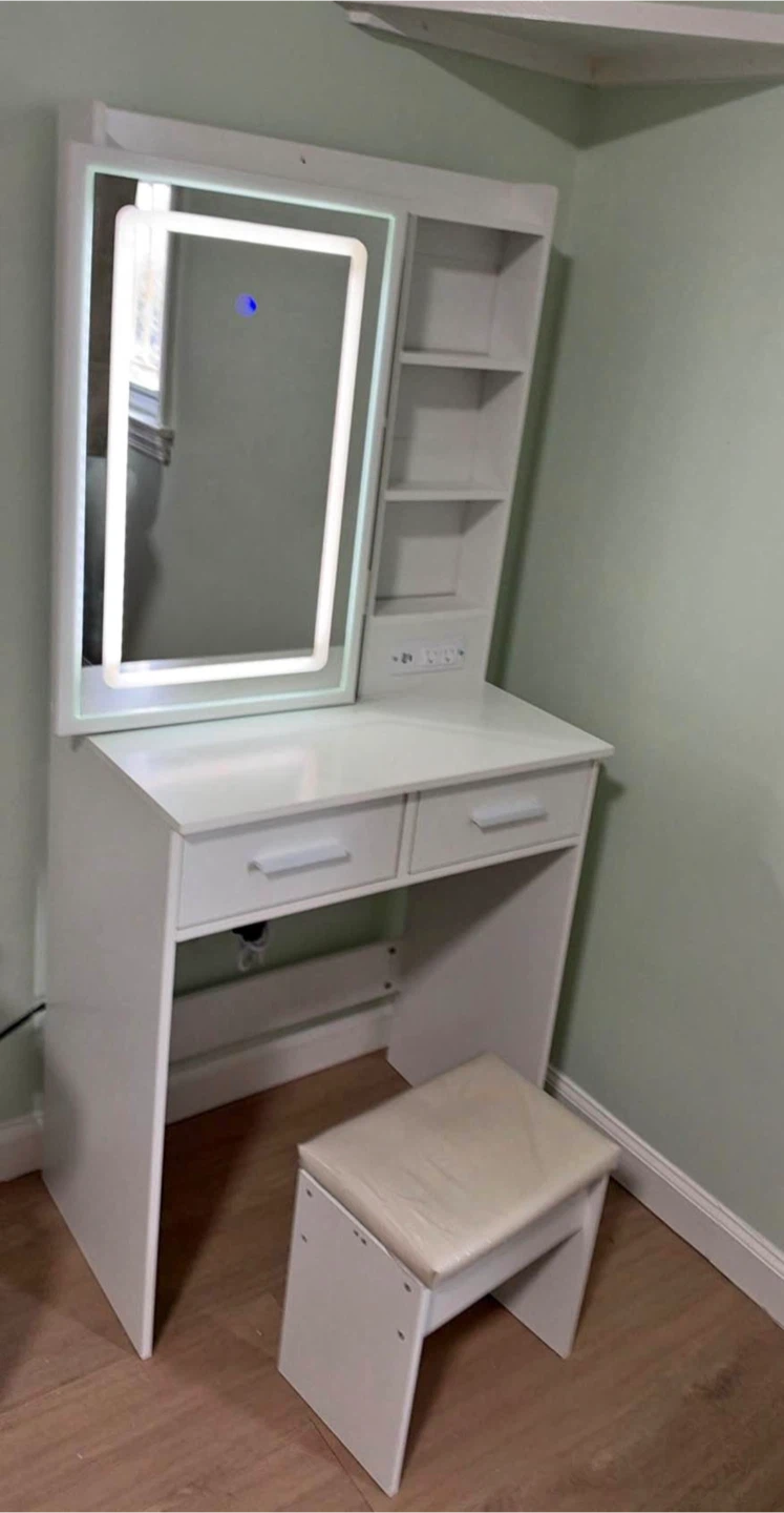 White Vanity Table with LED Mirror and Stool - photo 2