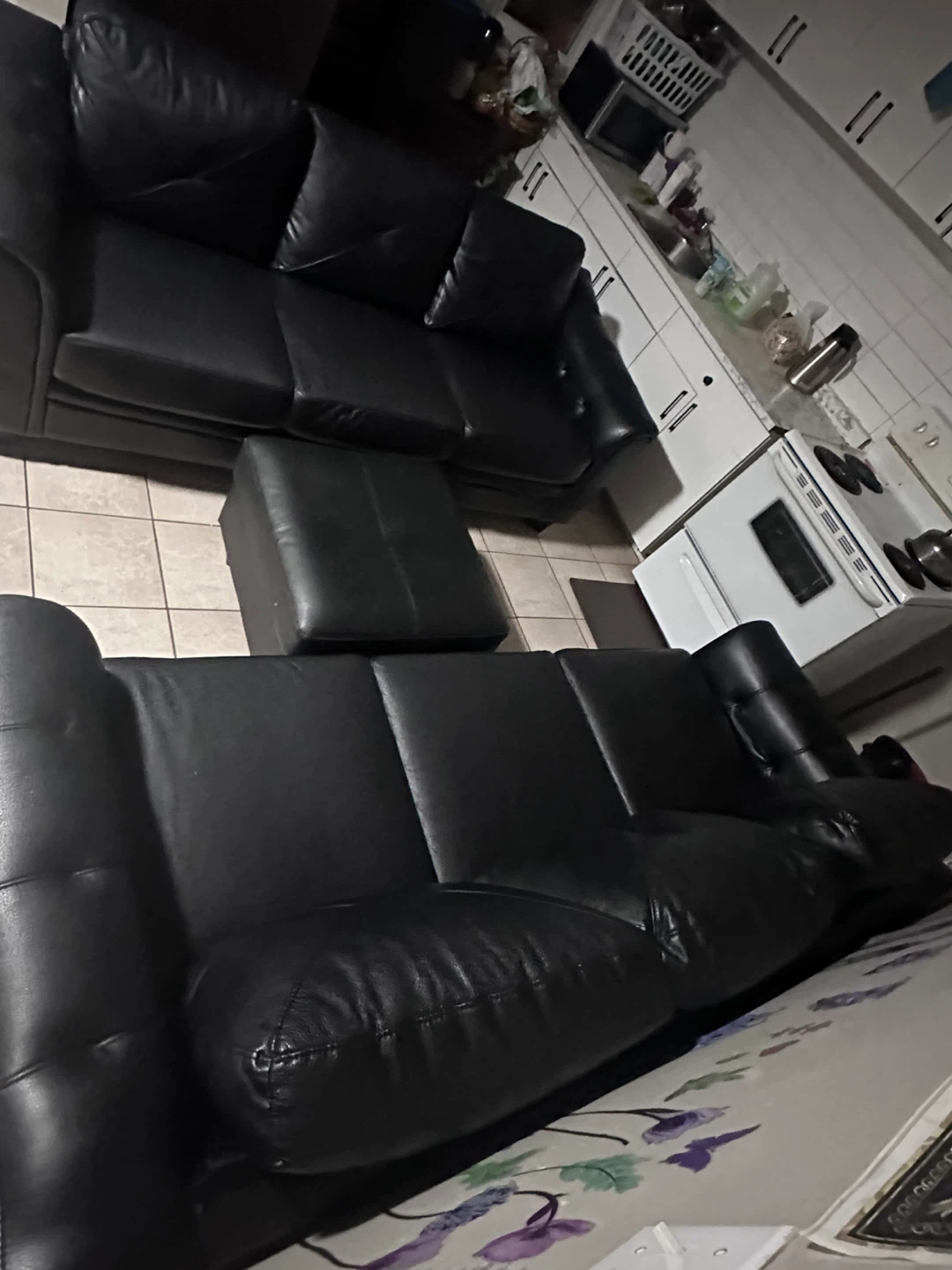 Black Leather Sofa Set with Ottoman