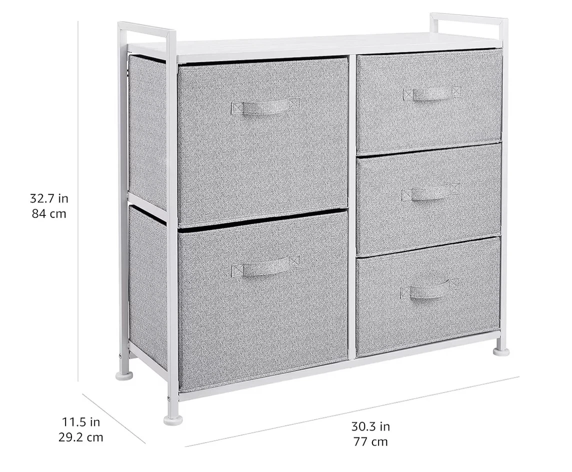White Storage Unit with 5 Fabric Drawers