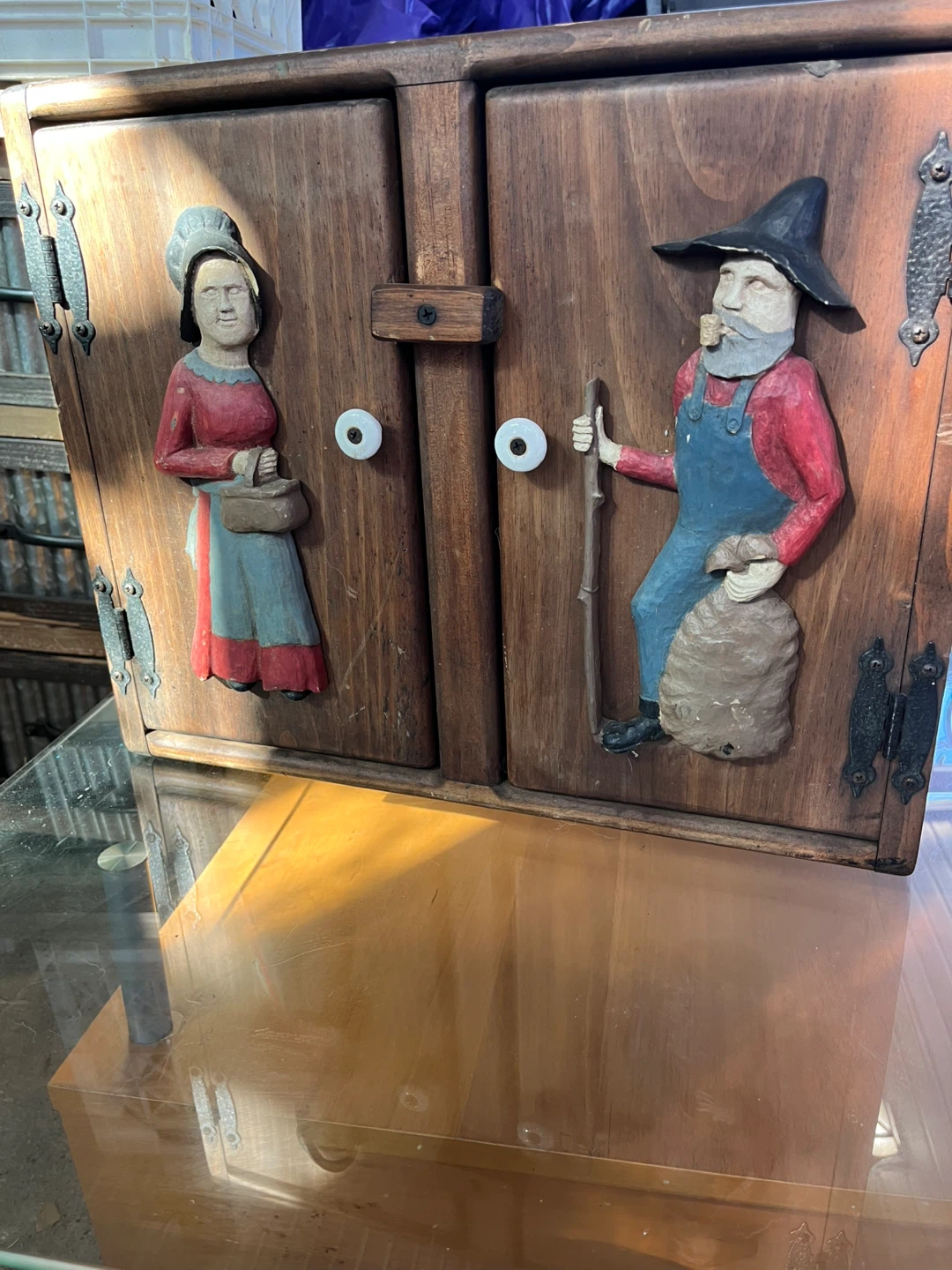 Rustic Wood Wall Cabinet with Carved Figures - photo 2