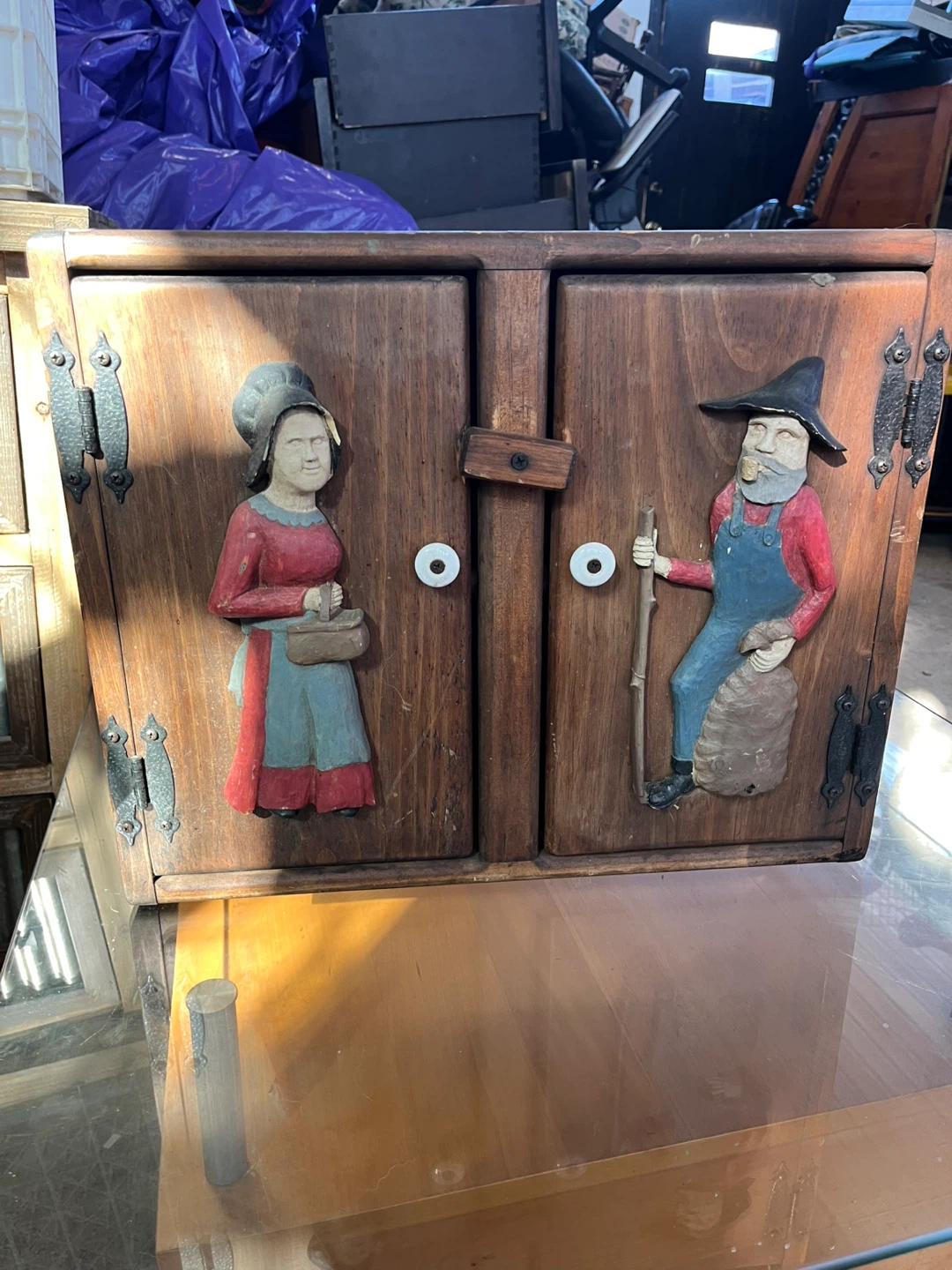 Rustic Wood Wall Cabinet with Carved Figures - photo 5