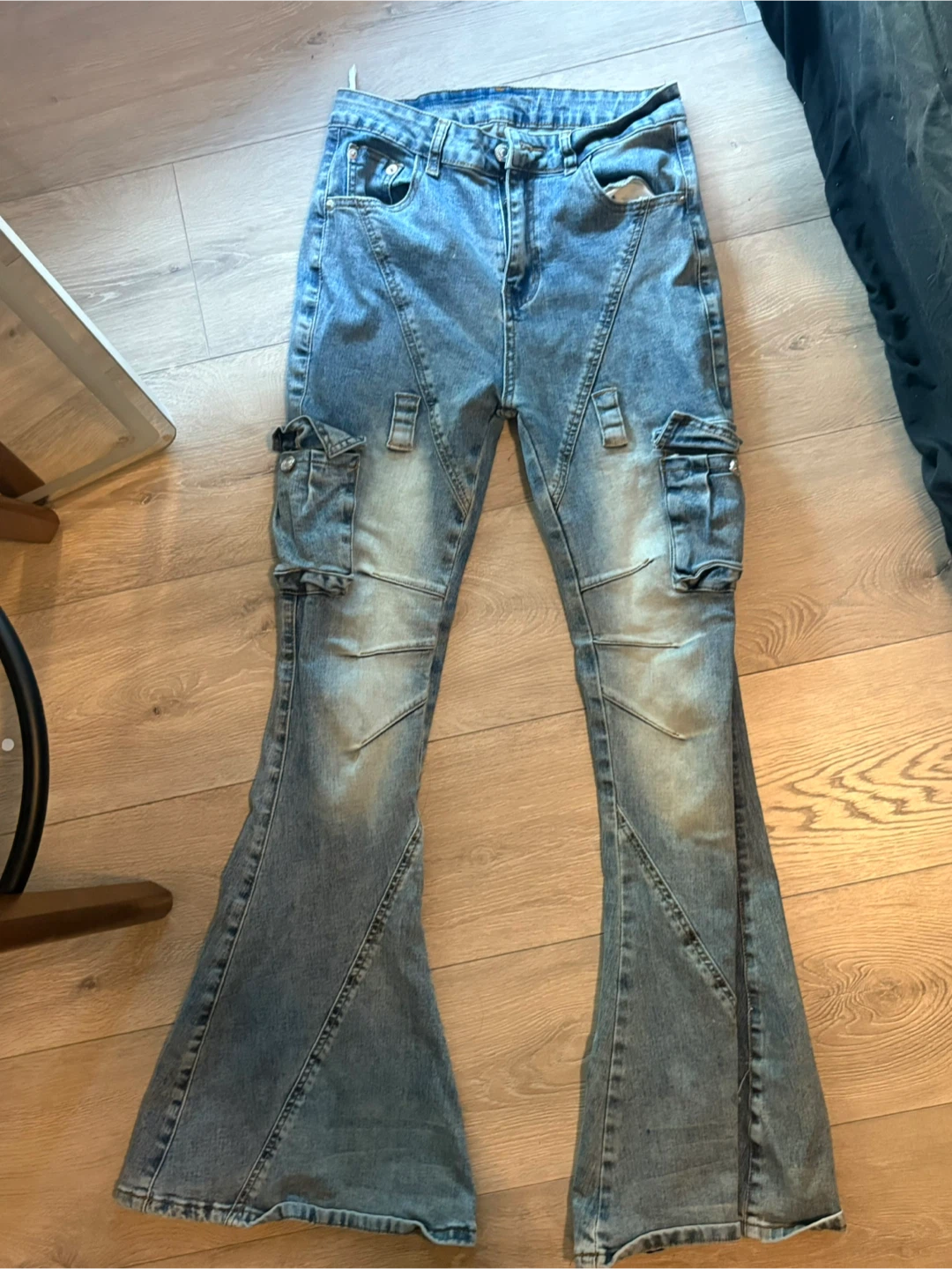 Blue Denim Cargo Flare Jeans