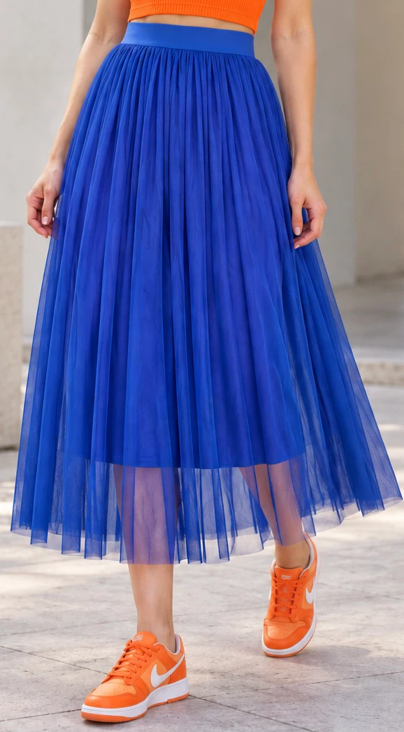 Blue Pleated Tulle Midi Skirt