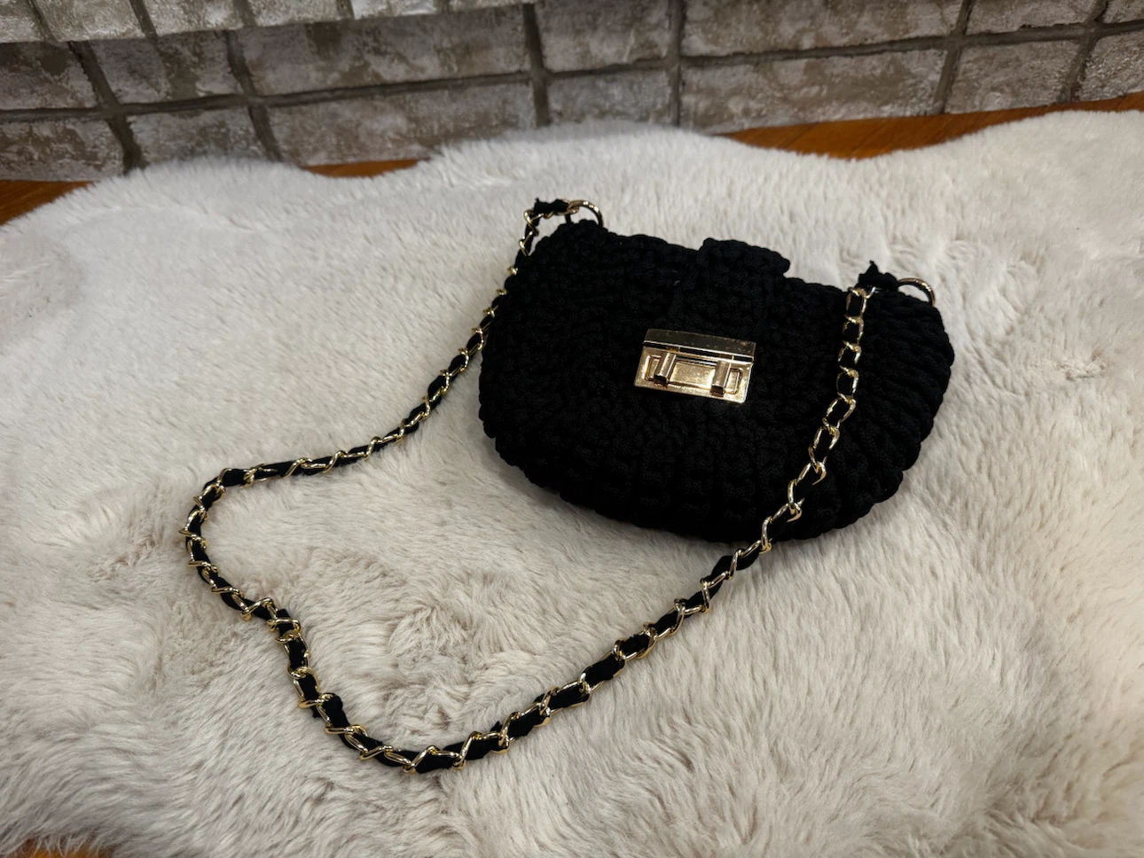 Black Crochet Shoulder Bag with Gold Chain