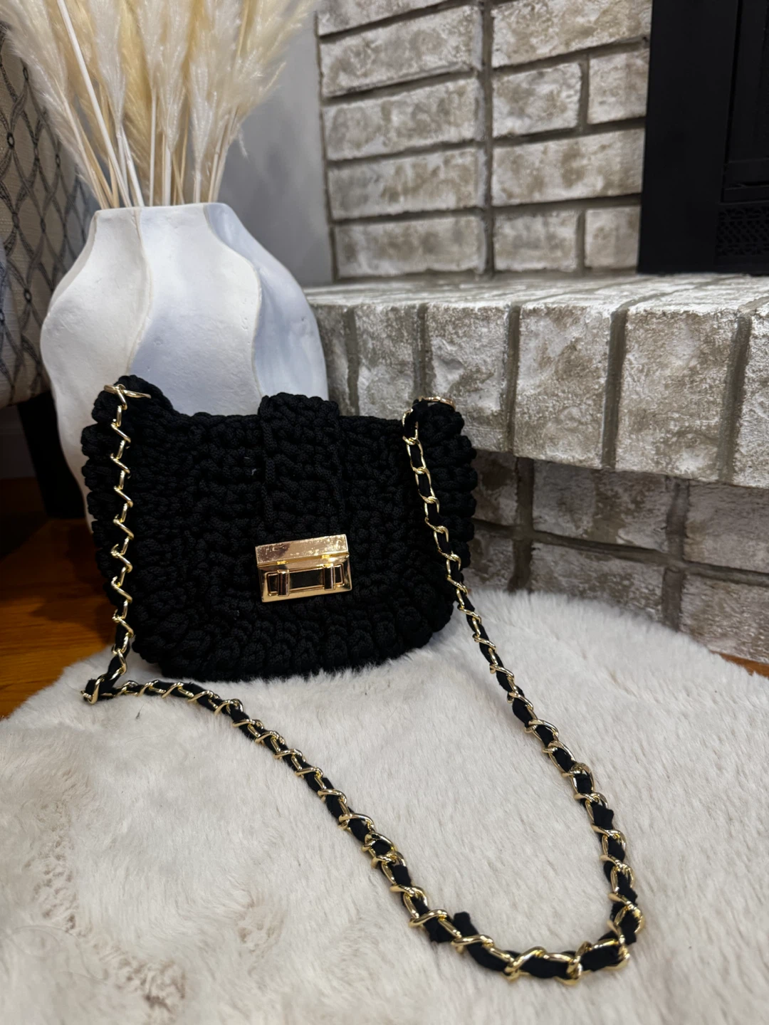 Black Crochet Shoulder Bag with Gold Chain - photo 2