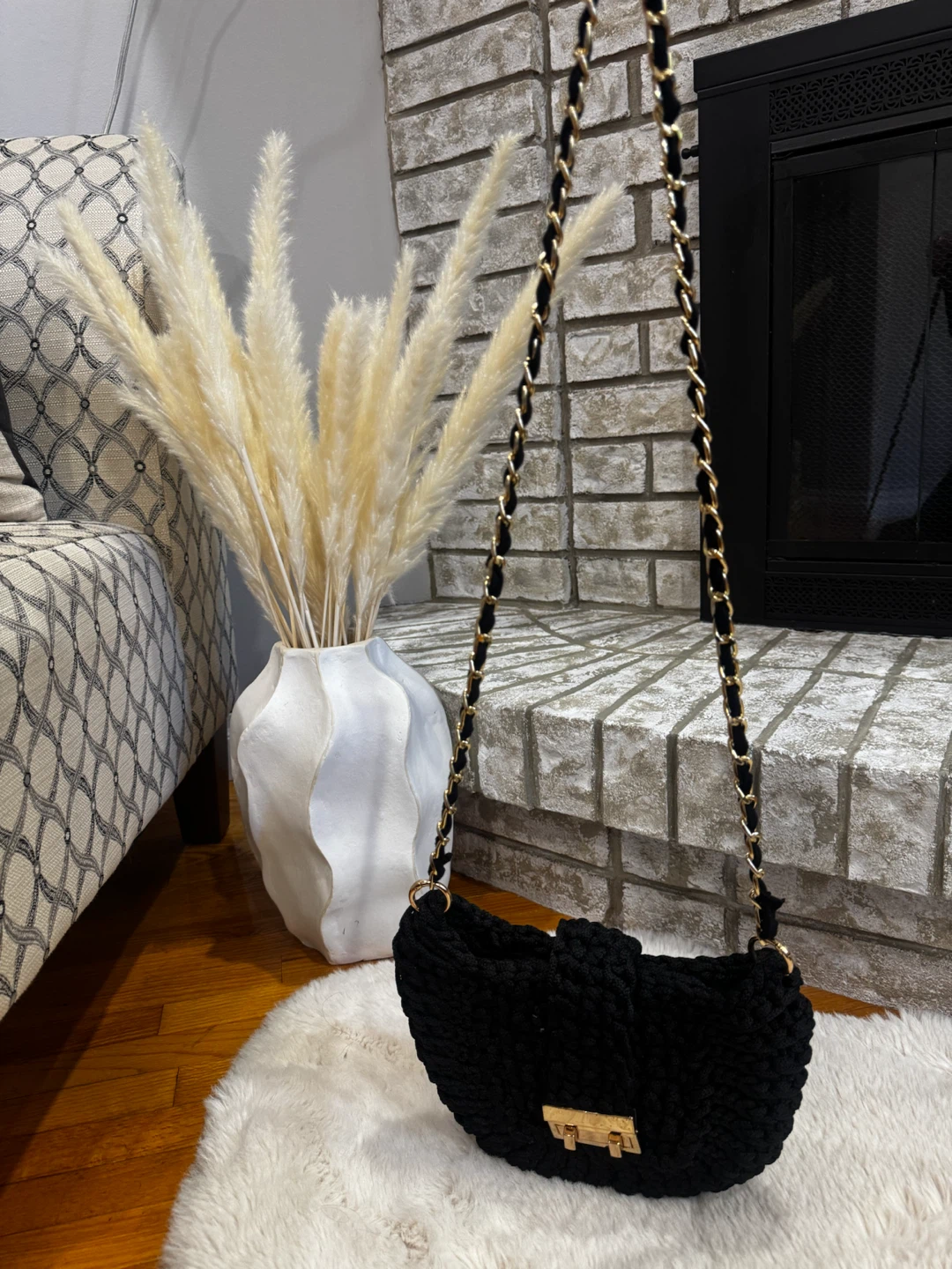 Black Crochet Shoulder Bag with Gold Chain - photo 3